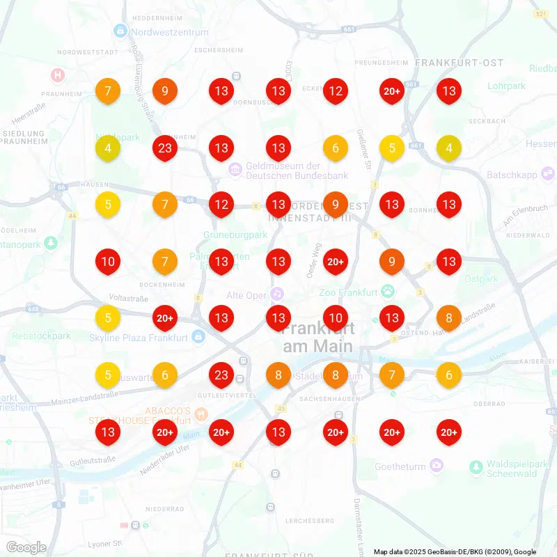 Karte von Frankfurt zeigt Luftverschmutzung mit farbigen Kreisen auf Stadtplan.