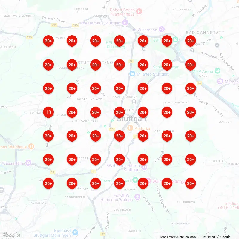 Karte von Stuttgart mit roten Pins und Zahl "20+".
